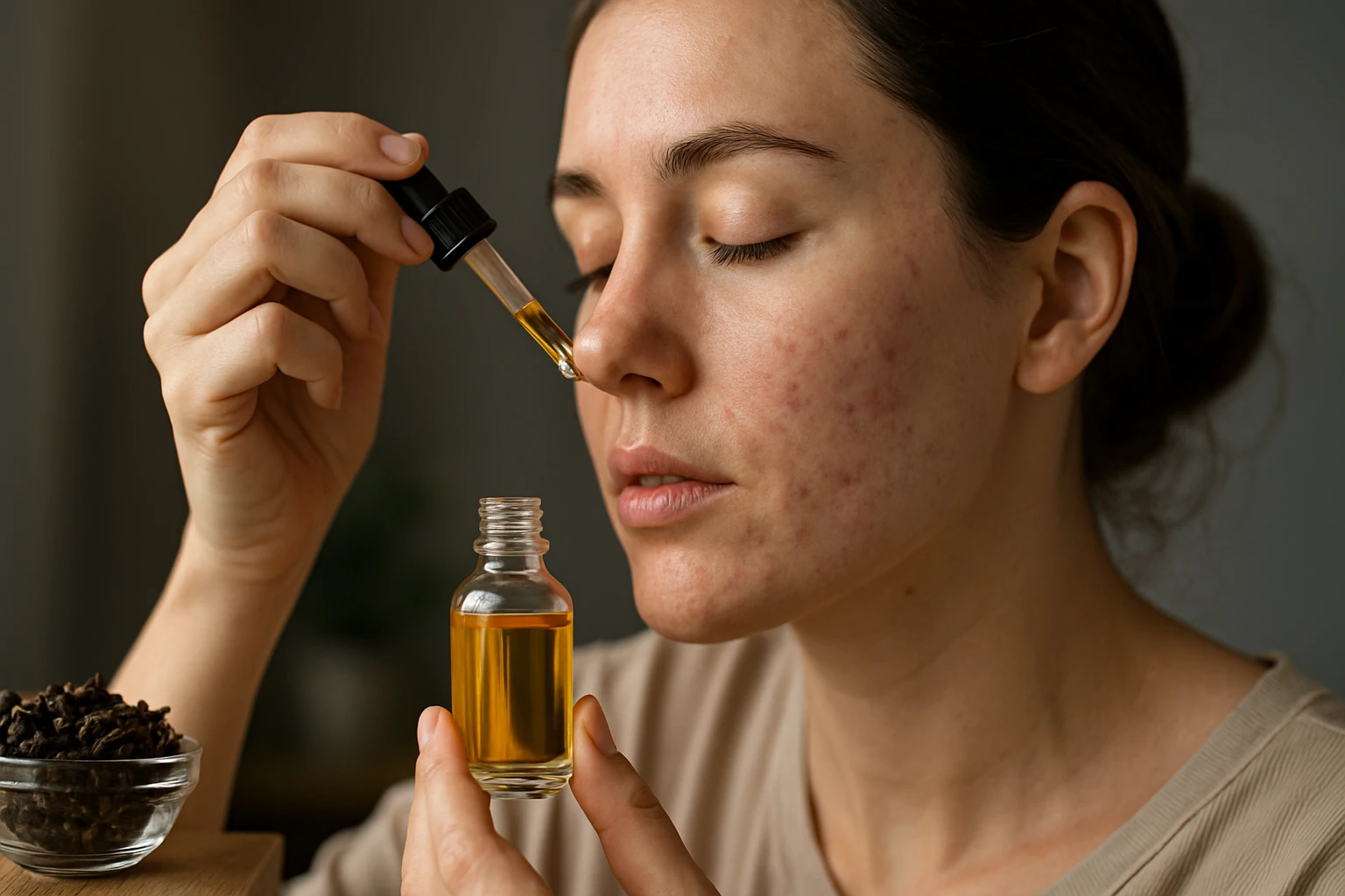 Žena aplikuje prírodný olej na pleť s akné
