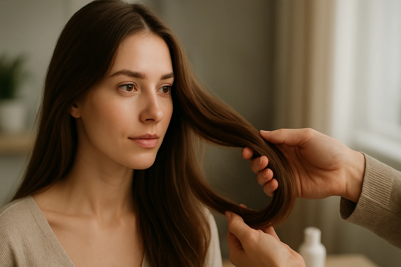 Žena s dlhými, zdravými vlasmi, starajúca sa o vlasy s kolagénom.