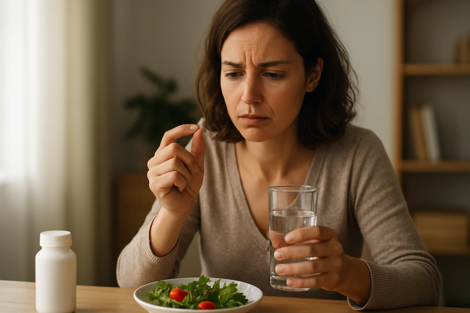 Žena drží tabletku a pohár vody pri jedle so zeleninou.
