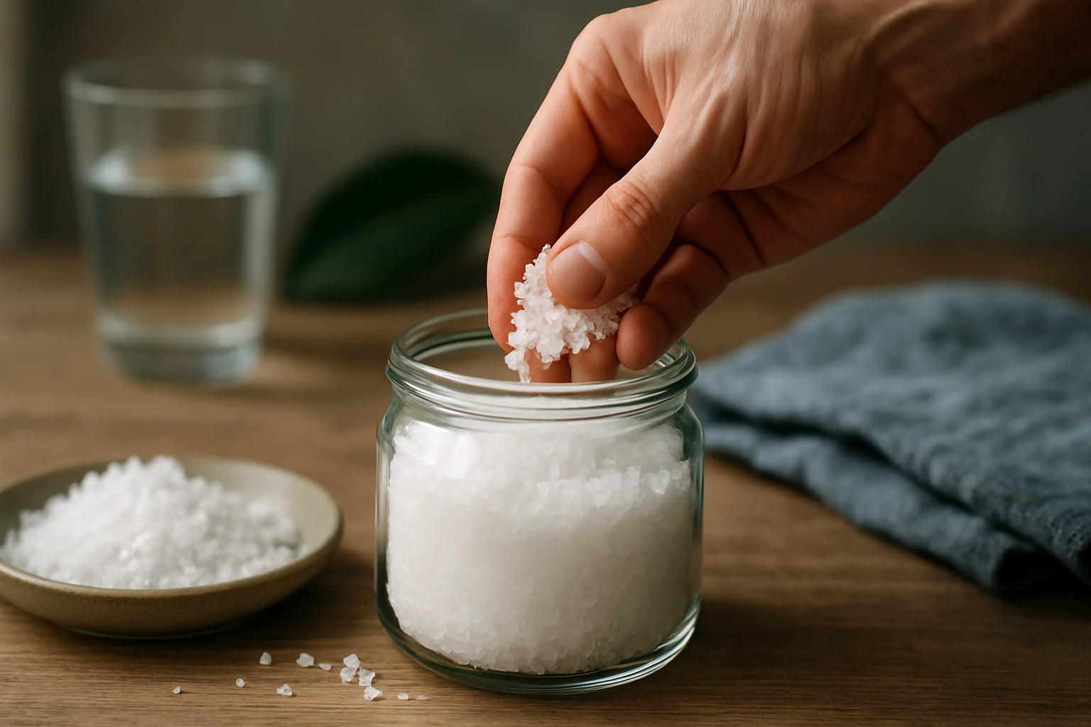 Ruka s magnézium-sulfátom nad sklenenou nádobou