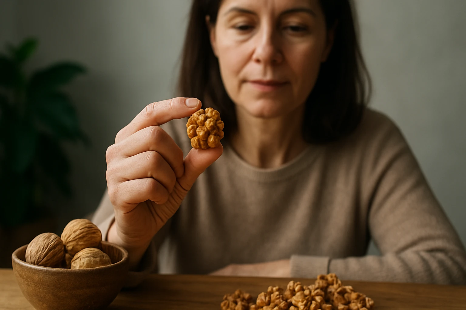 Žena drži v ruke vlašský orech a pozorne sa mu venuje.