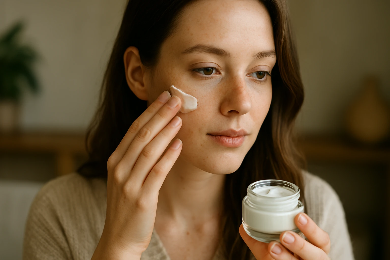 Žena nanáša dubový krém na pleť pre zdravie a krásu pokožky.
