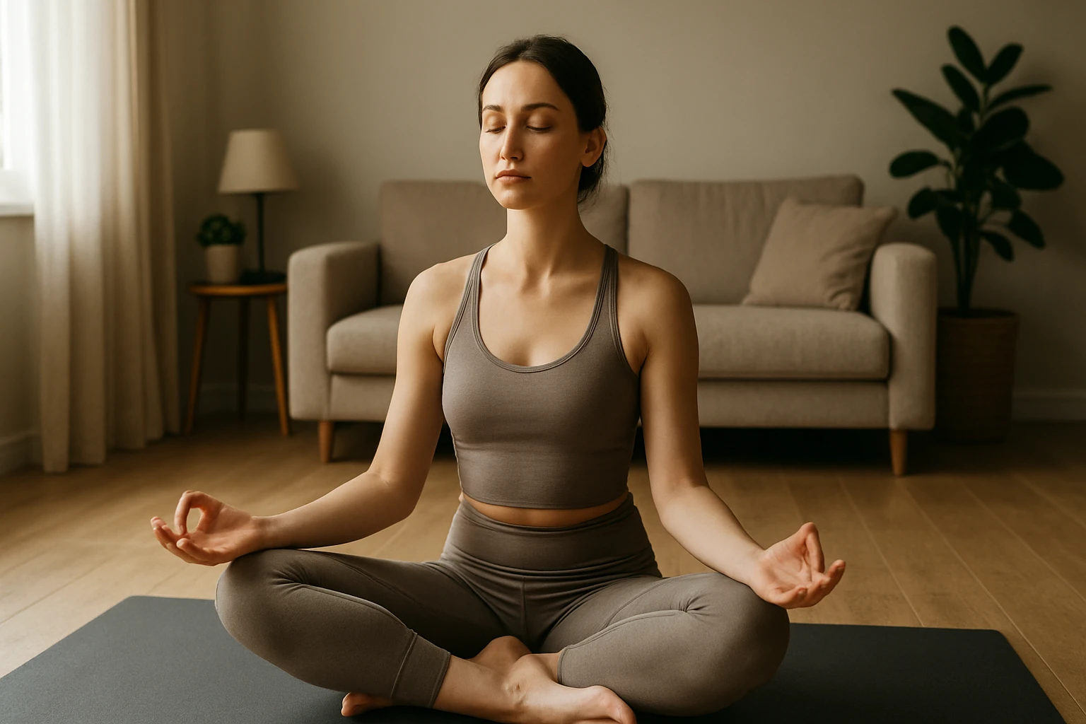 Žena medituje na jogamatke v útulnom prostredí.