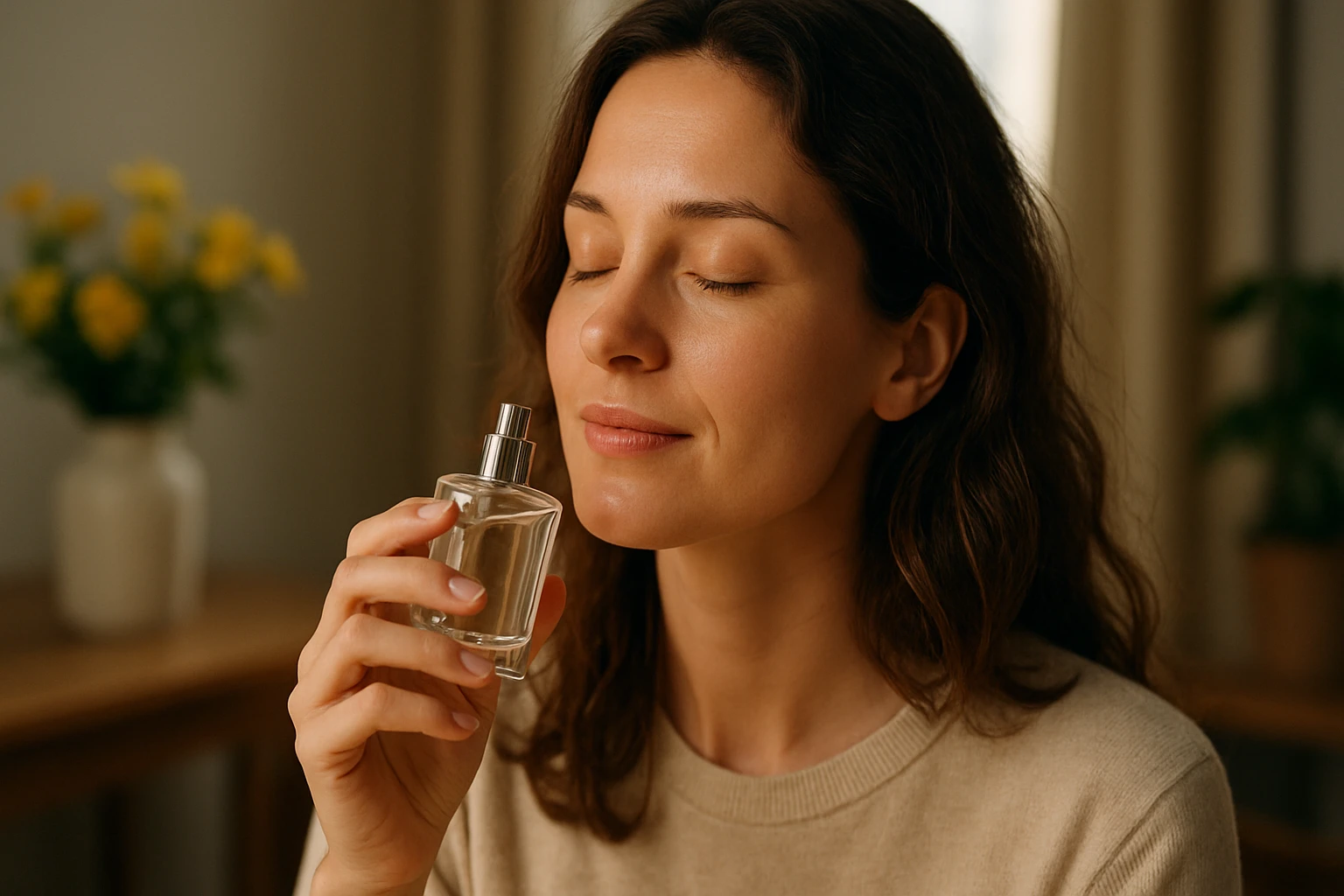 Žena s radosťou vdychuje vôňu z fľaštičky parfumu v svetlej miestnosti.