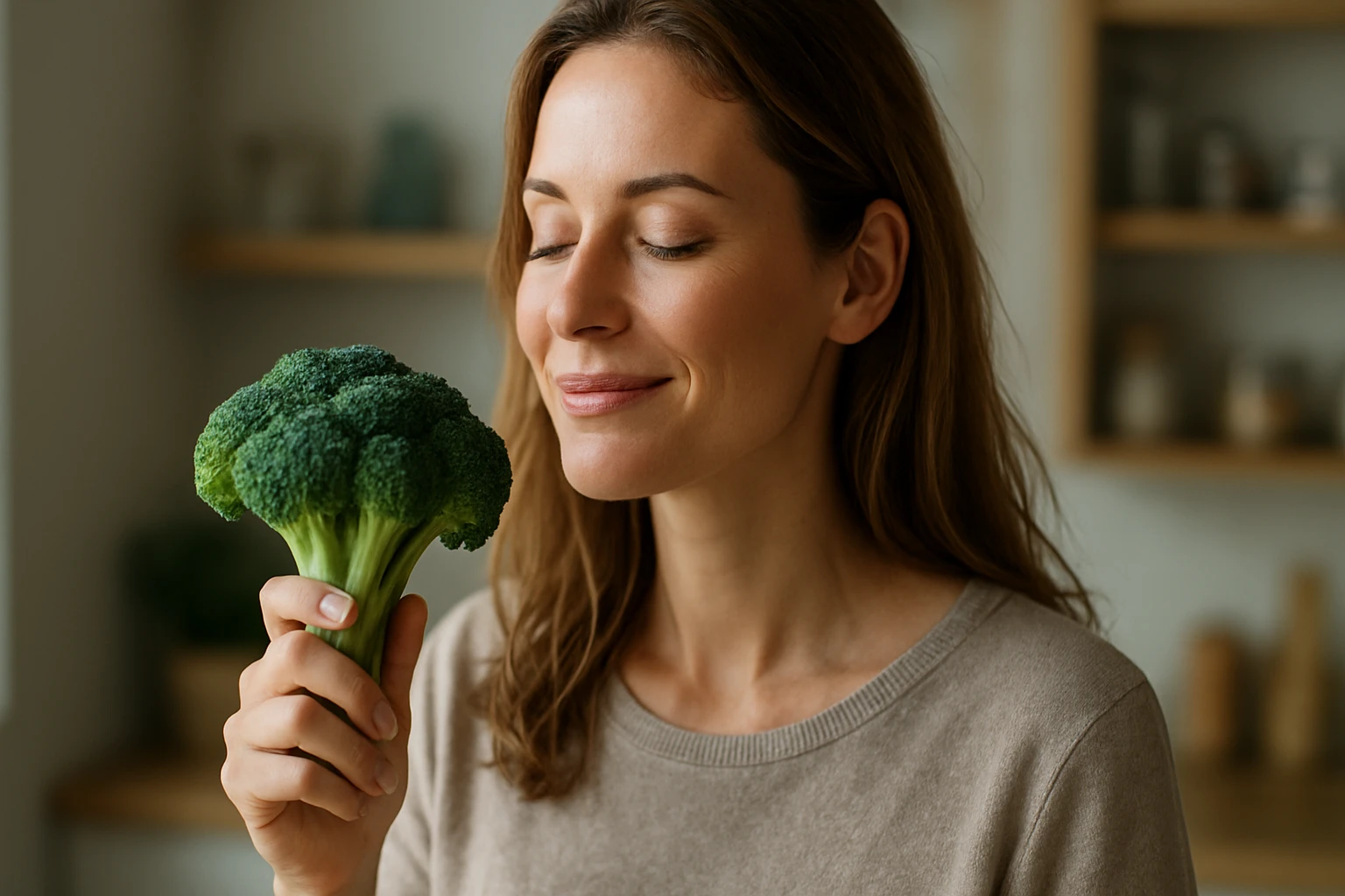 Žena si užíva čerstvú brokolicu v kuchyni.