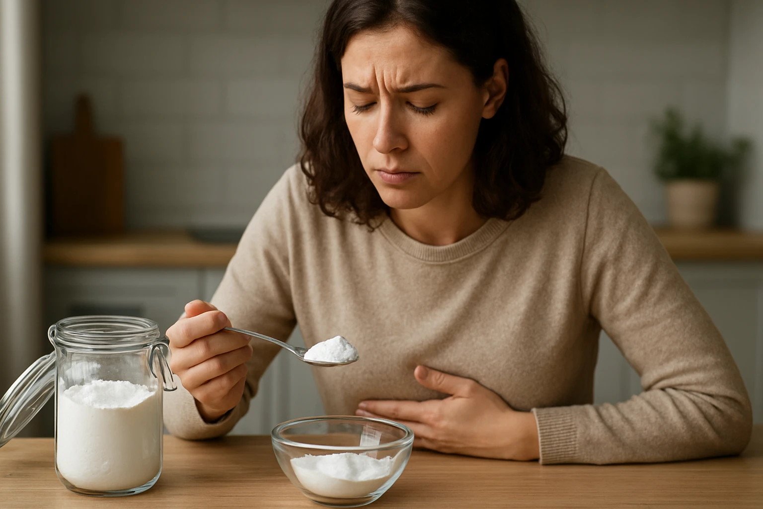 Žena s bolesťou brucha, použitie sódy bikarbóny na trávenie.