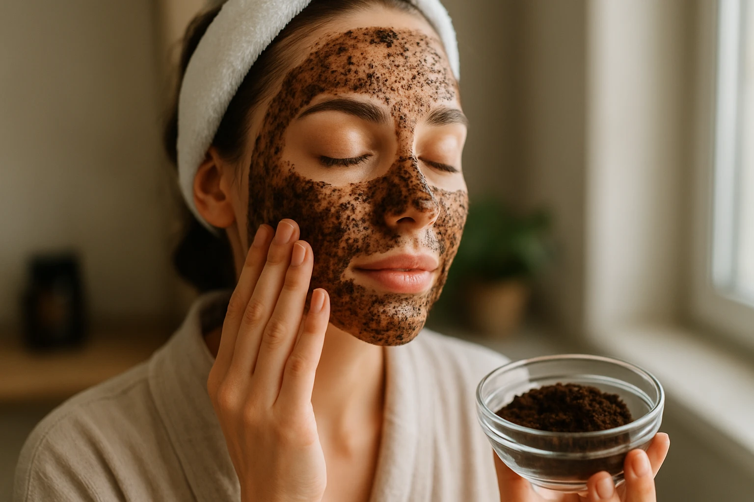 Žena s kávovou usadeninou na tvári pre krásnu pleť