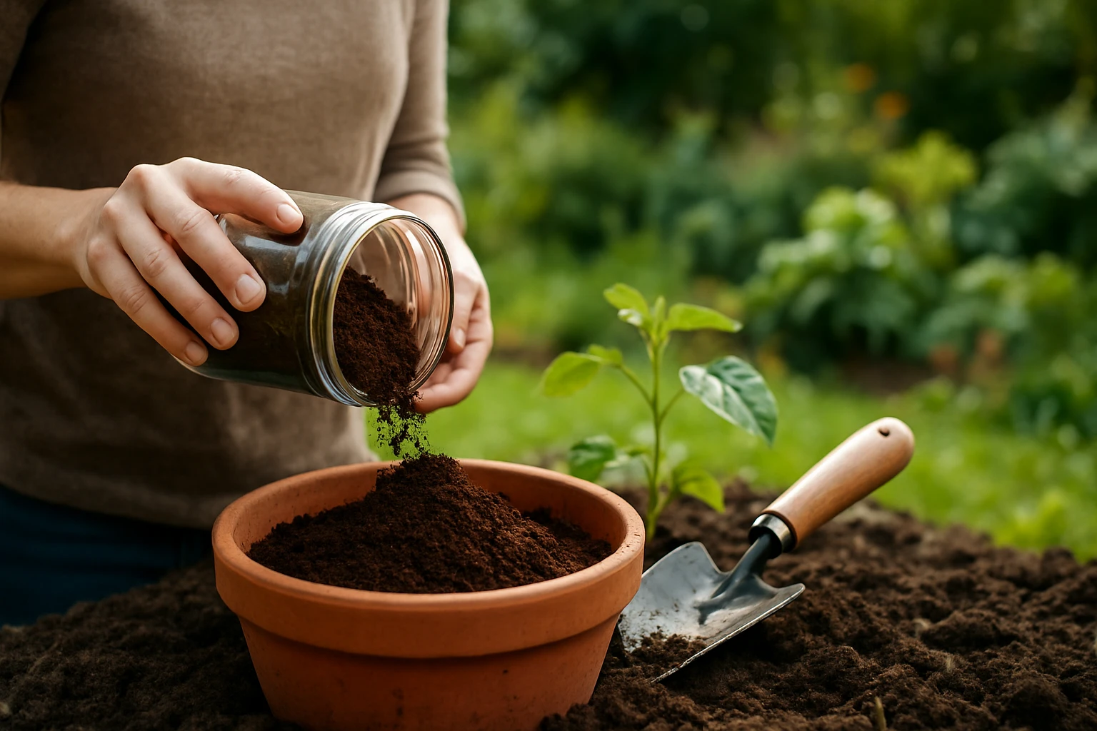Žena s kávovou usadeninou hnojí rastlinu v záhrade.