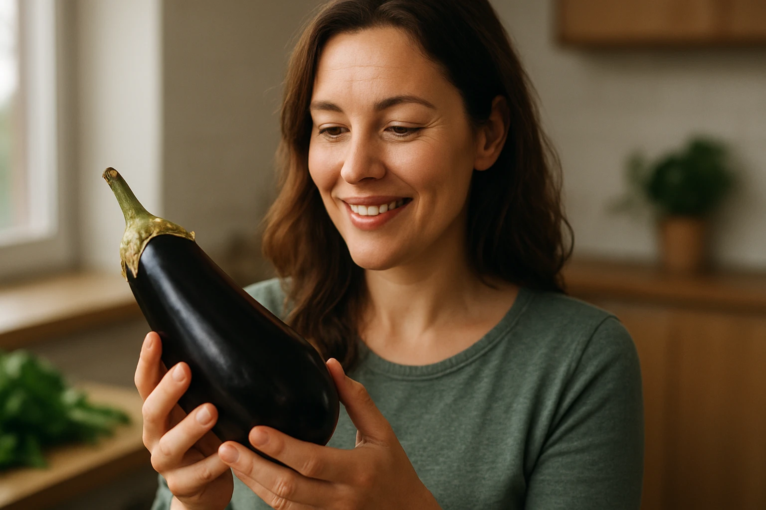 Žena sa usmieva na baklažán v kuchyni.