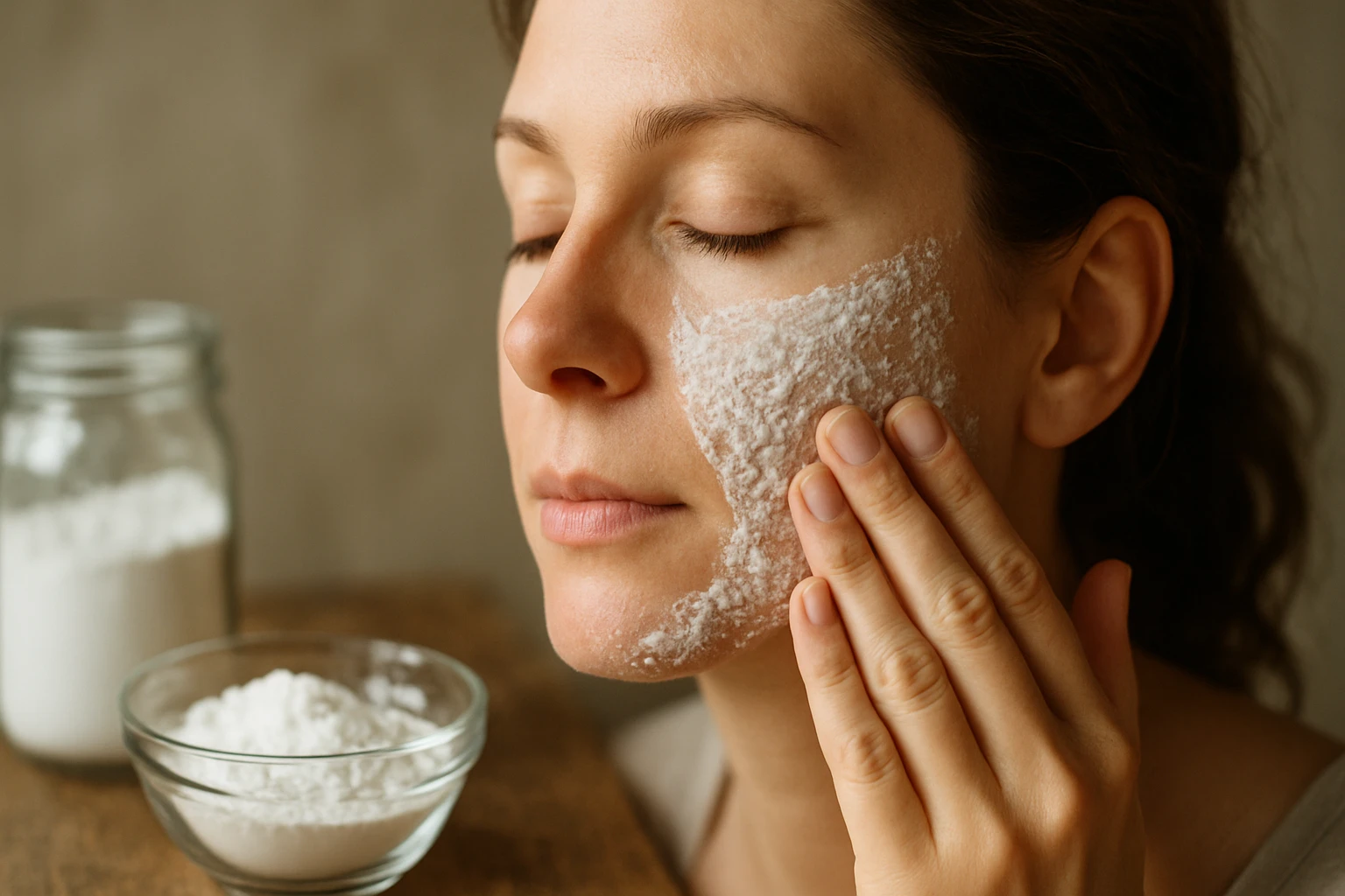 Žena používa sódu bikarbónu na čistenie pleti