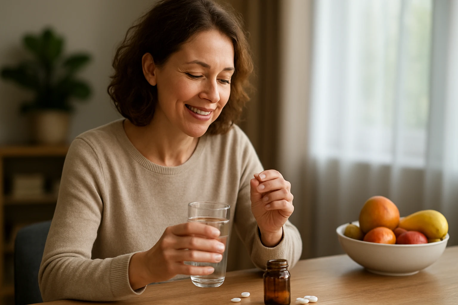 Žena s úškrnom si berie cholínové doplnky so sklennou vodou.