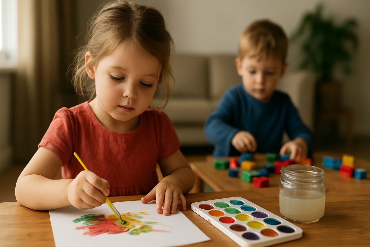 Dieťa maľuje farbami na papier, zatiaľ čo druhé dieťa sa hrá s kockami.
