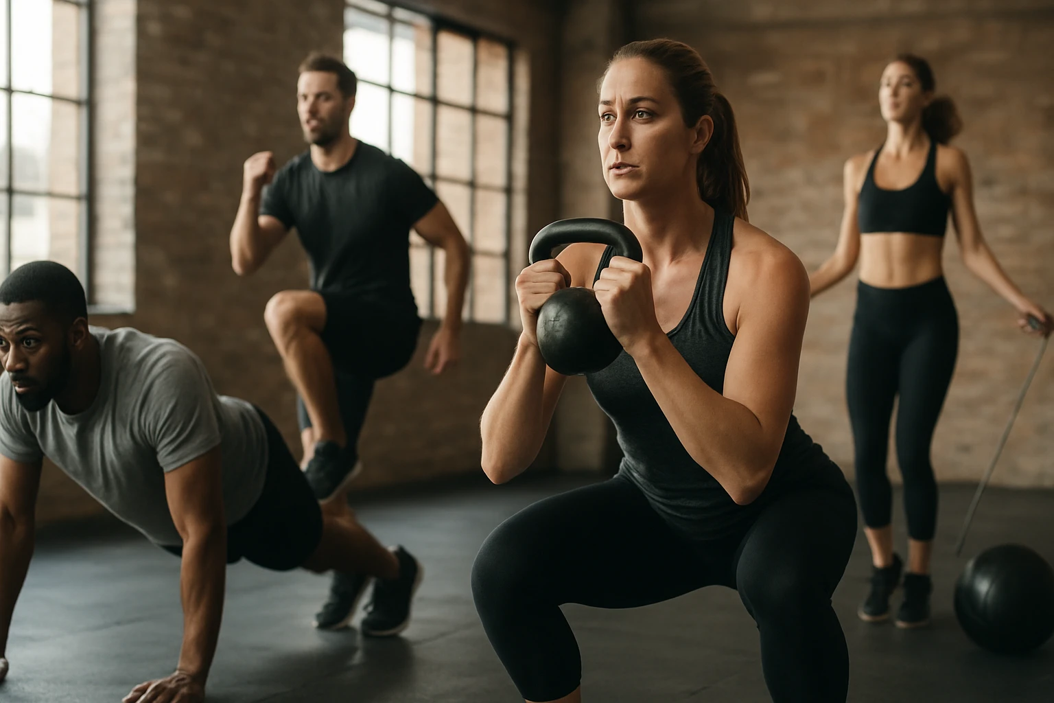Žena cviči s kettlebellom počas kruhového tréningu s ostatnými