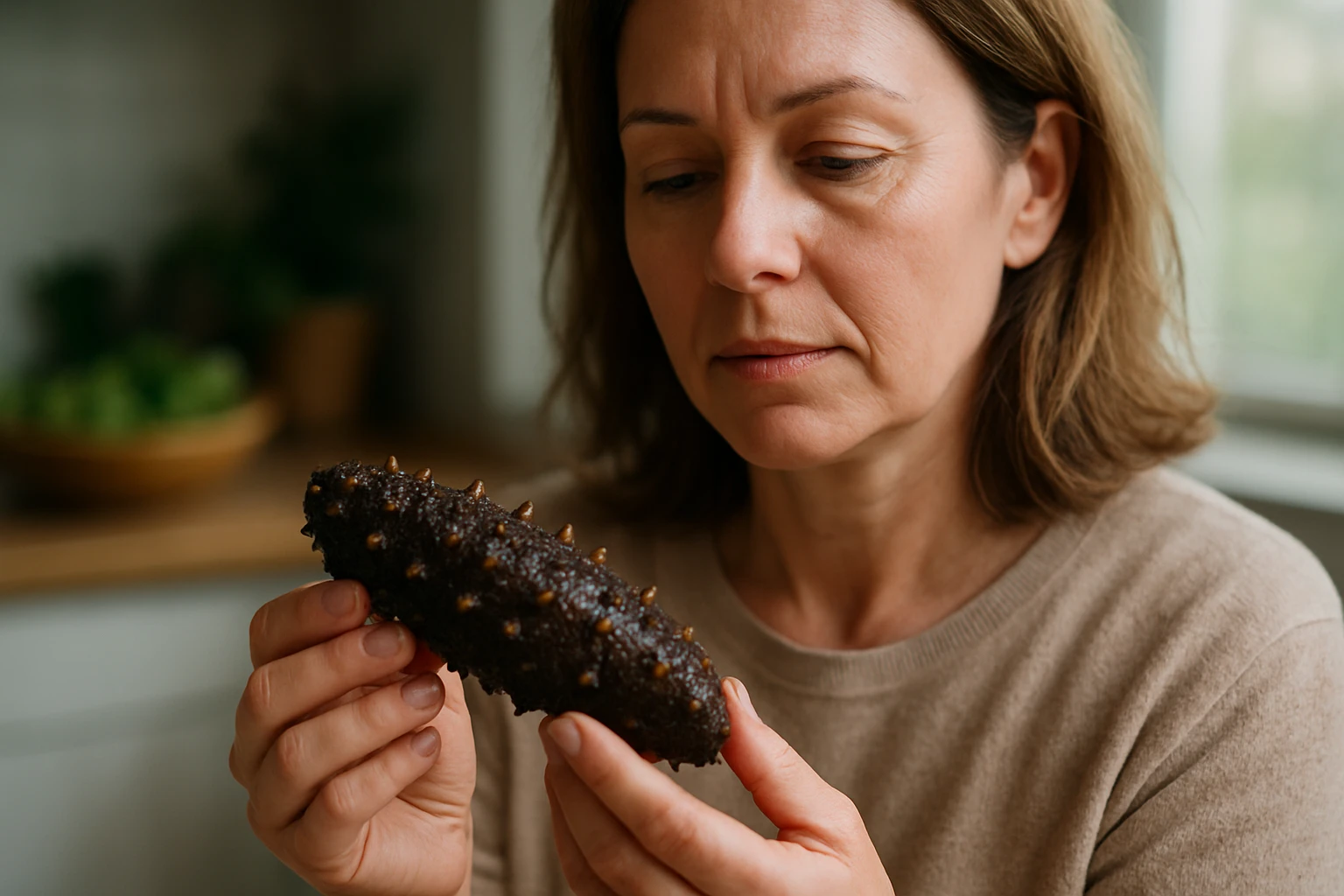 Žena skúma morskú uhorku, superpotravinu z mora