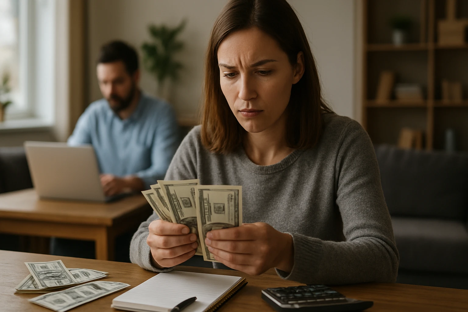 Žena počítajúca peniaze s notebookom a kalkulačkou v pozadí.