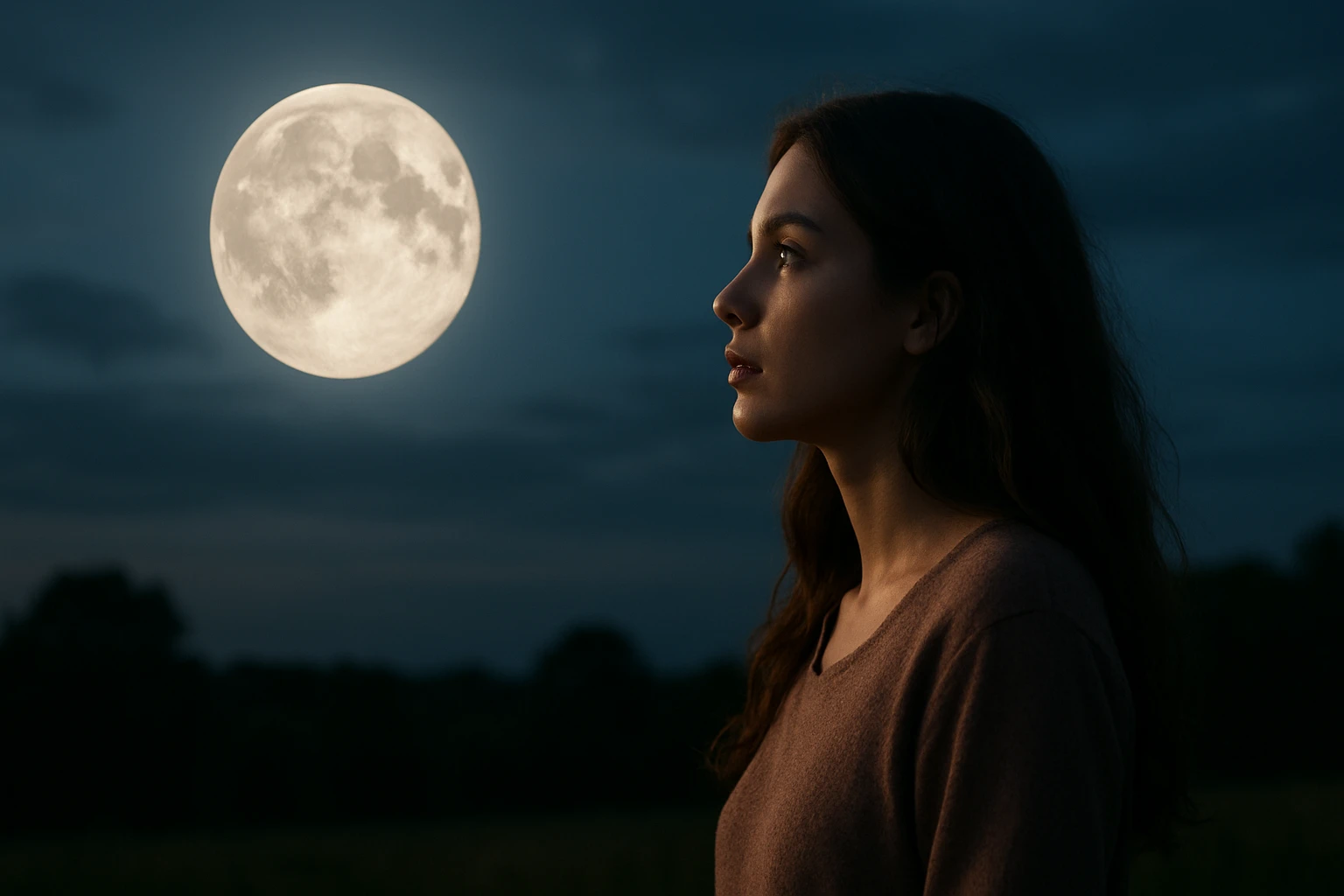 Žena sledujúca spln mesiaca za súmraku.