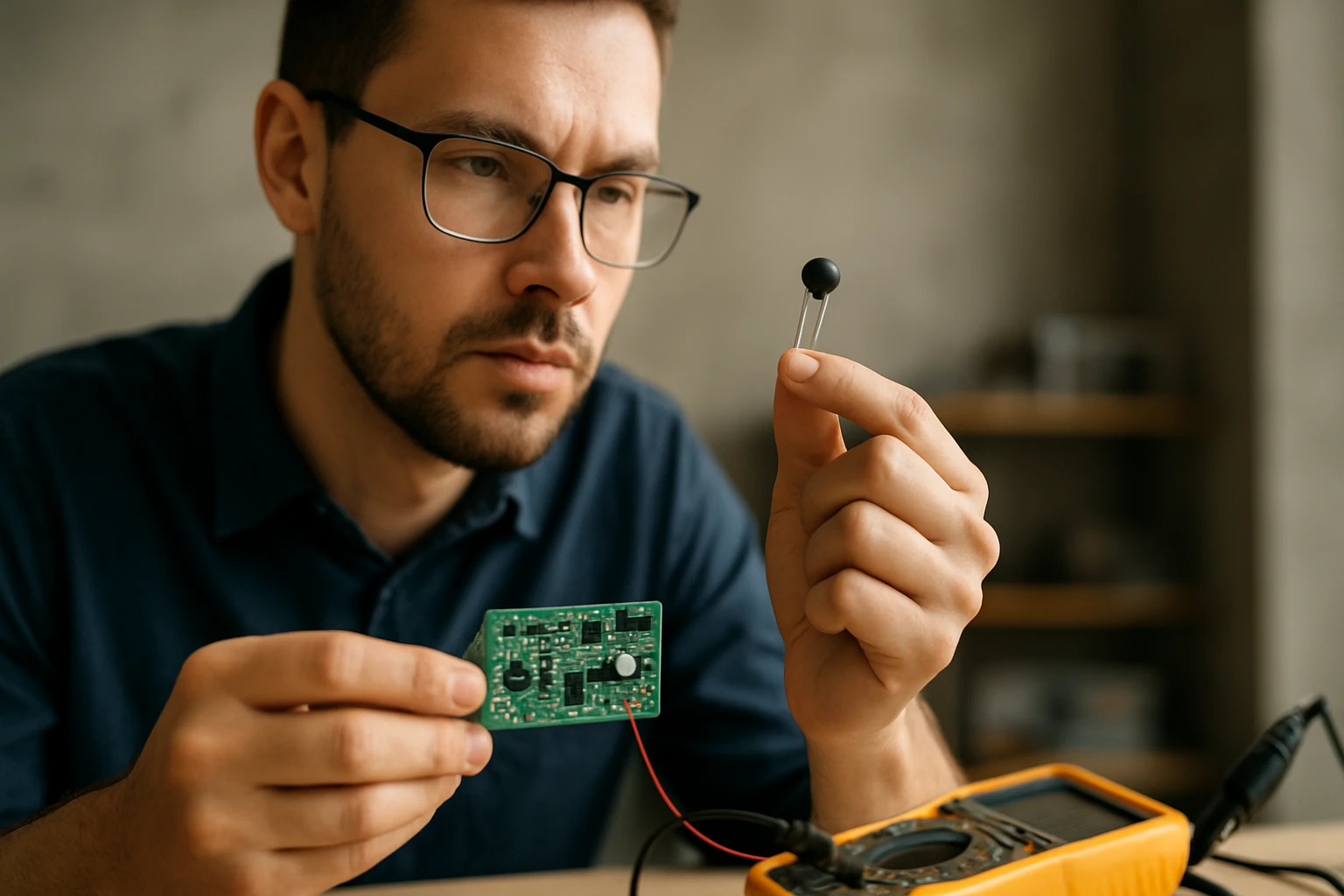 Muž skúma NTC senzor a elektronický obvod s multimetrom.