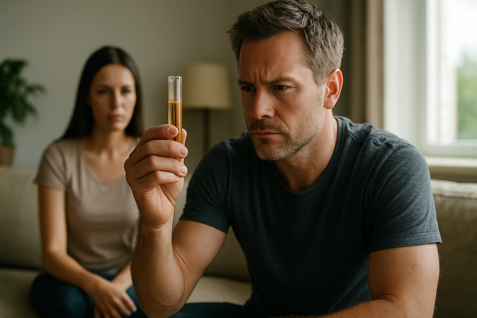 Muž analyzuje testovaciu skúmavku, zatiaľ čo žena pozoruje jeho reakciu.