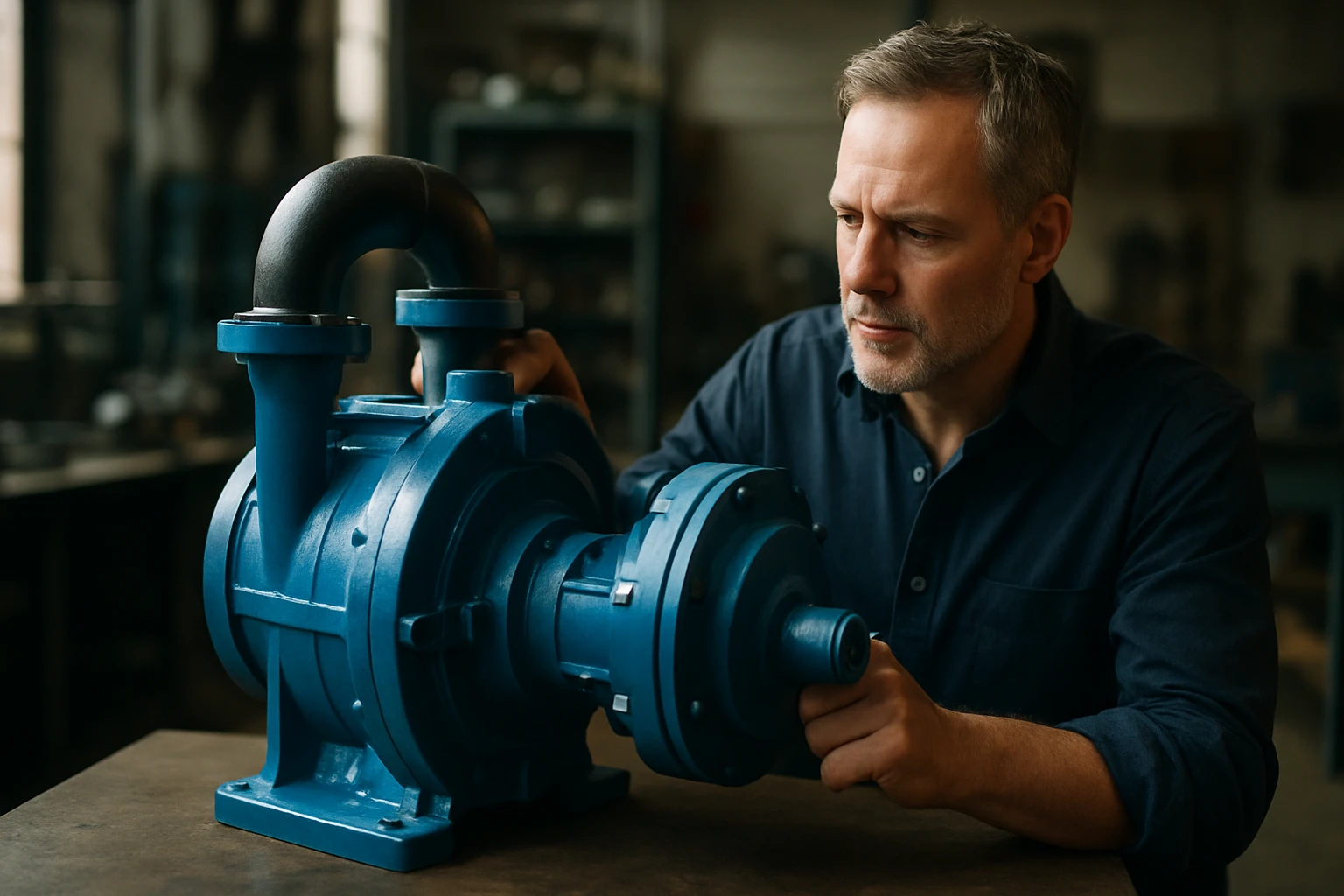 Muž skúma vodné kruhové vákuové čerpadlo v dielni.