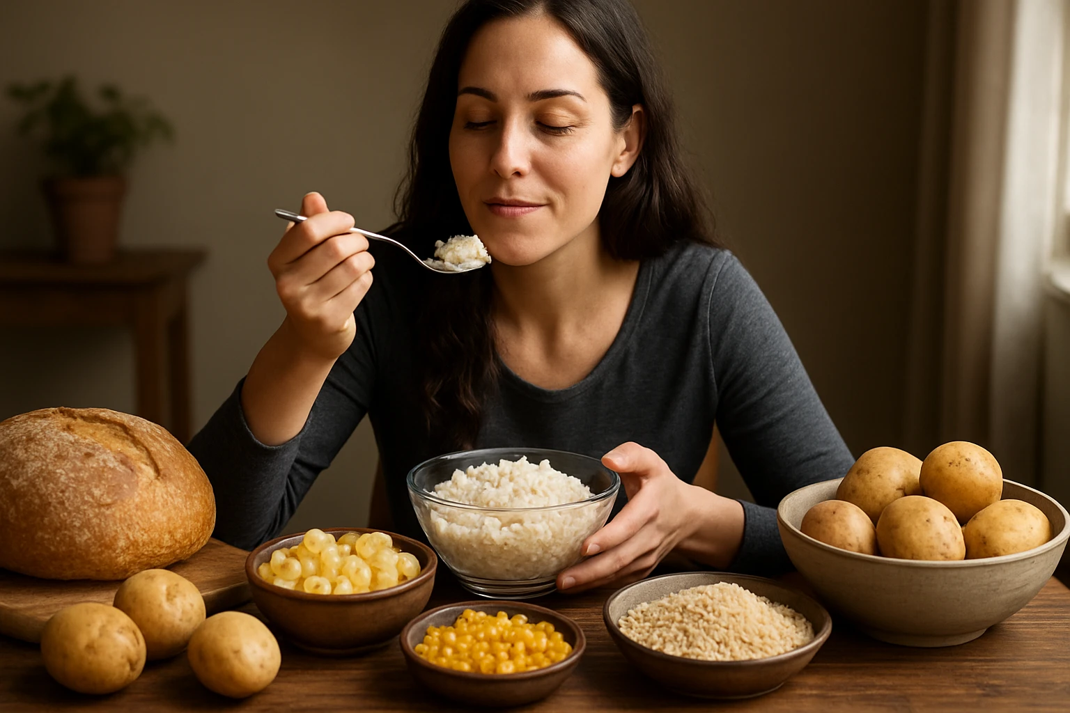 Žena si vychutnáva škrobové potraviny bohaté na energiu.