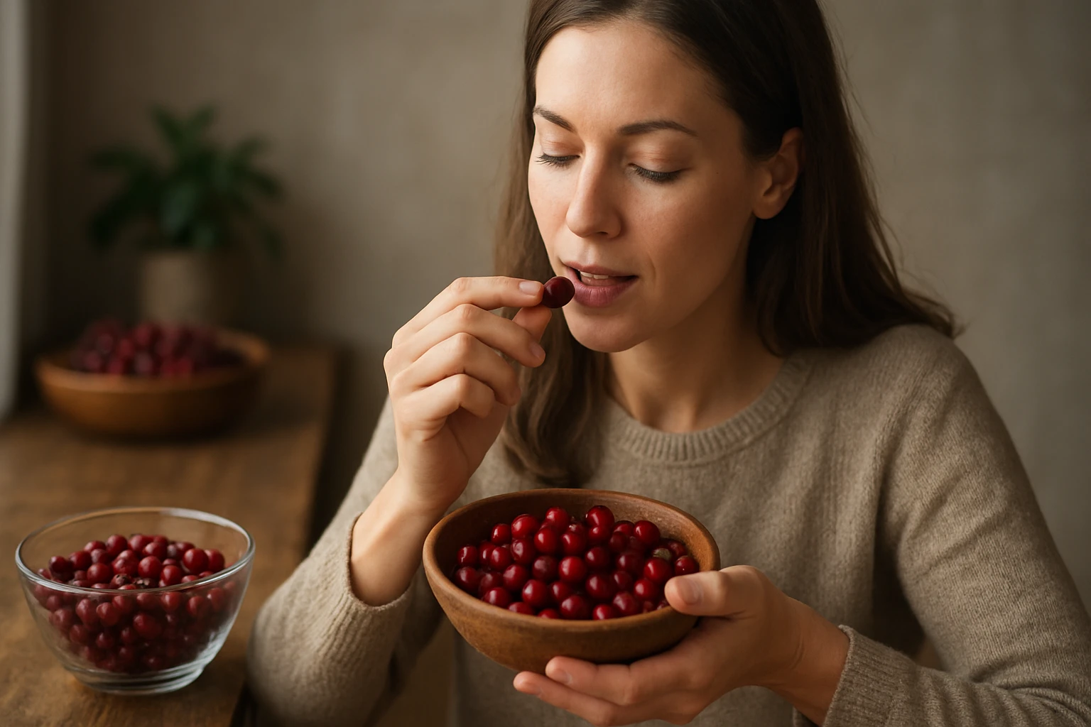 Žena si vychutnáva červené brusnice z misky a pripravuje sa ich zjesť.