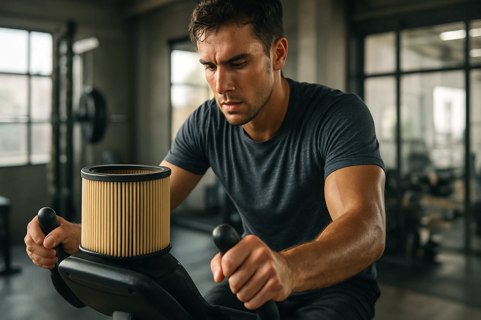 Muž cvičiaci na stacionárnom bicykli so vzduchovým filtrom