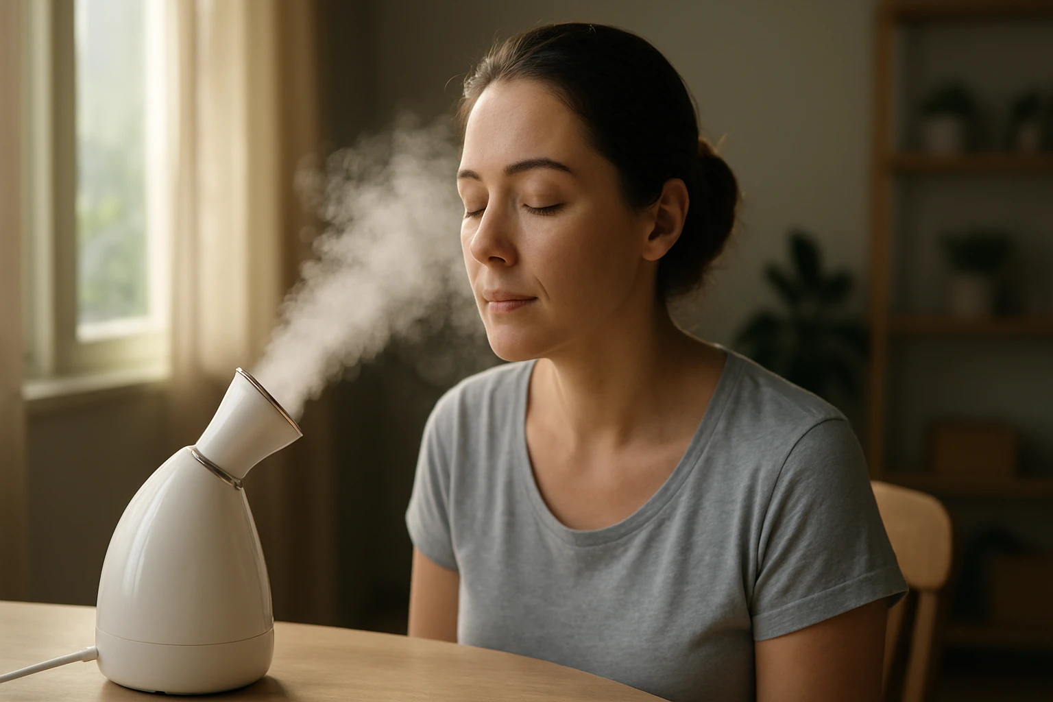 Žena používa vapozón na relaxáciu a zlepšenie pleti.