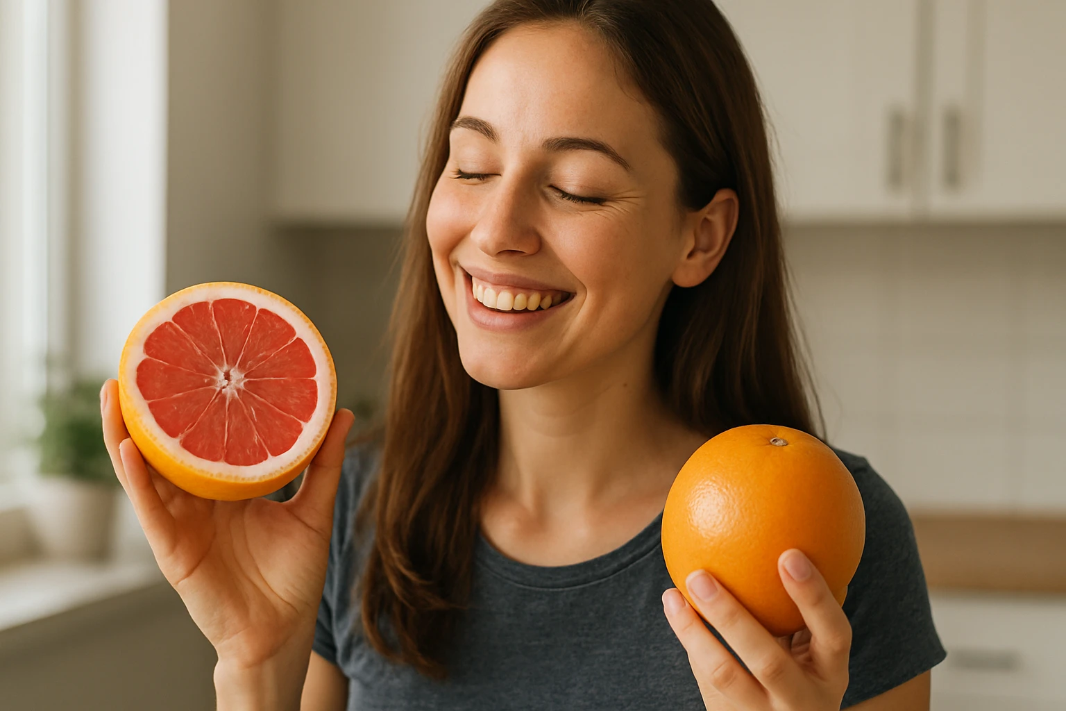 Žena drží polku grapefruitu a pomaranča, usmieva sa