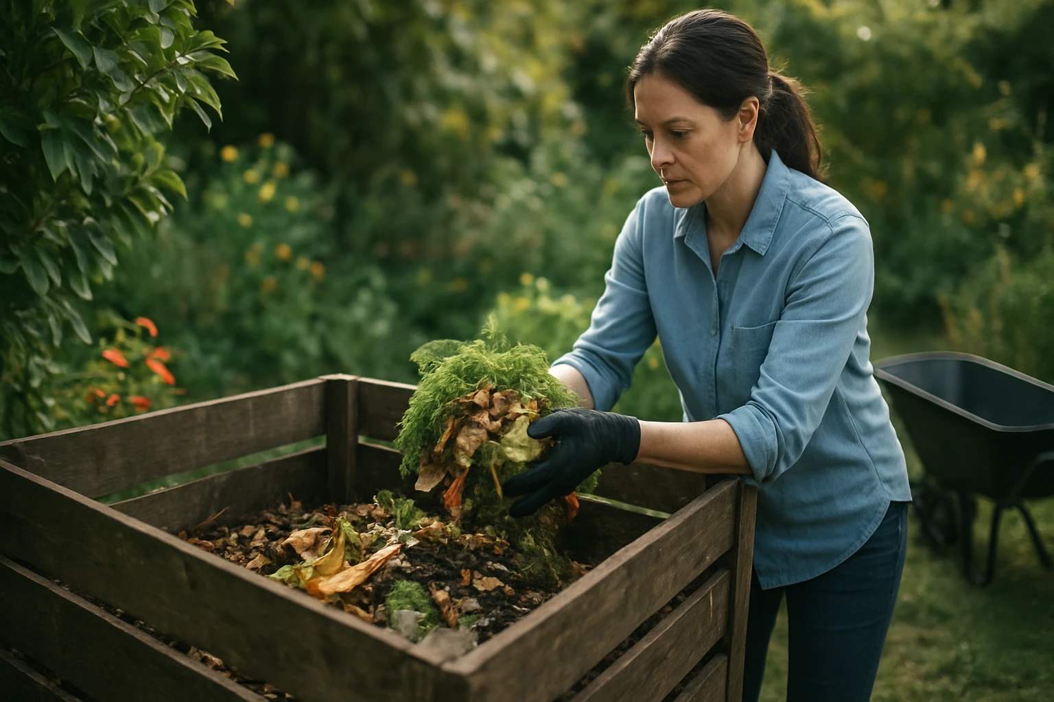Žena doplňuje kompost s kuchynským odpadom v záhrade.