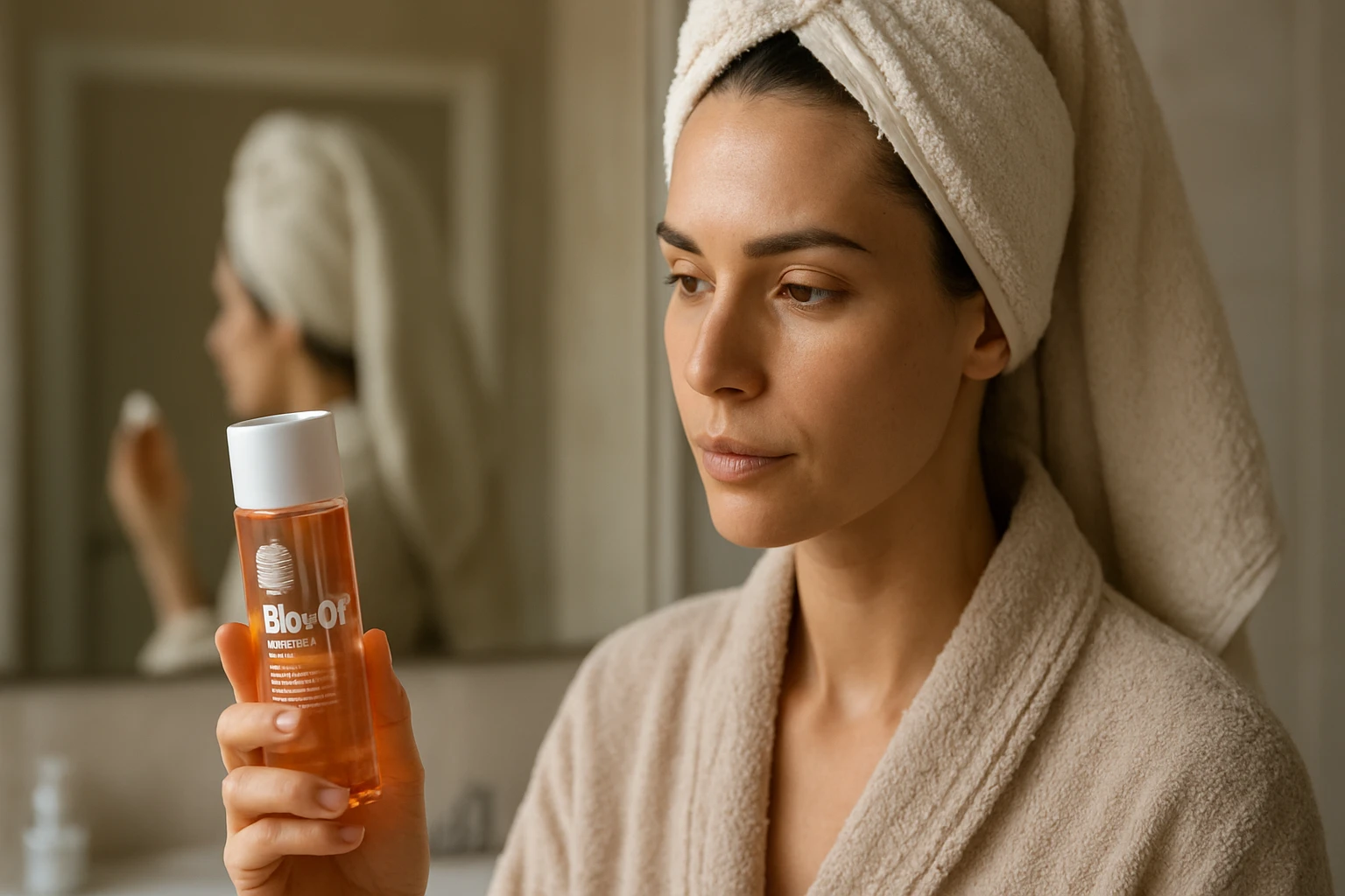 Žena s ručníkem na hlavě drží Bio-Oil v koupelně.