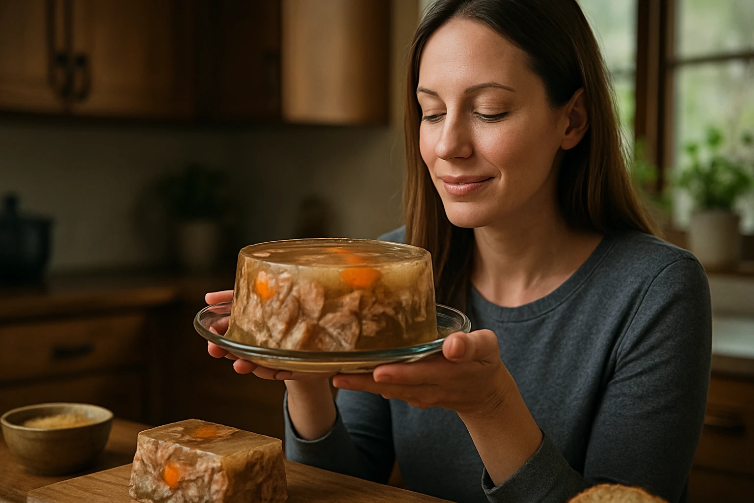 Žena drží huspeninu, tradičný vývarový aspik s mrkvou.