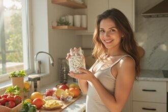 Žena s jarom obsahujúcim horčík v kuchyni