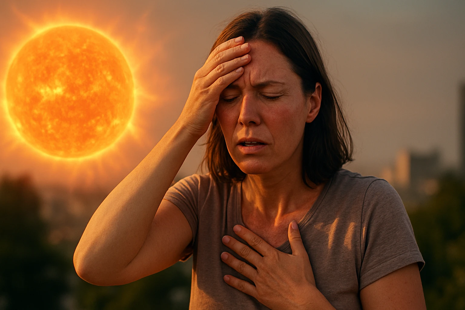 Žena trpi bolestí hlavy v súvislosti so slnečnými erupciami
