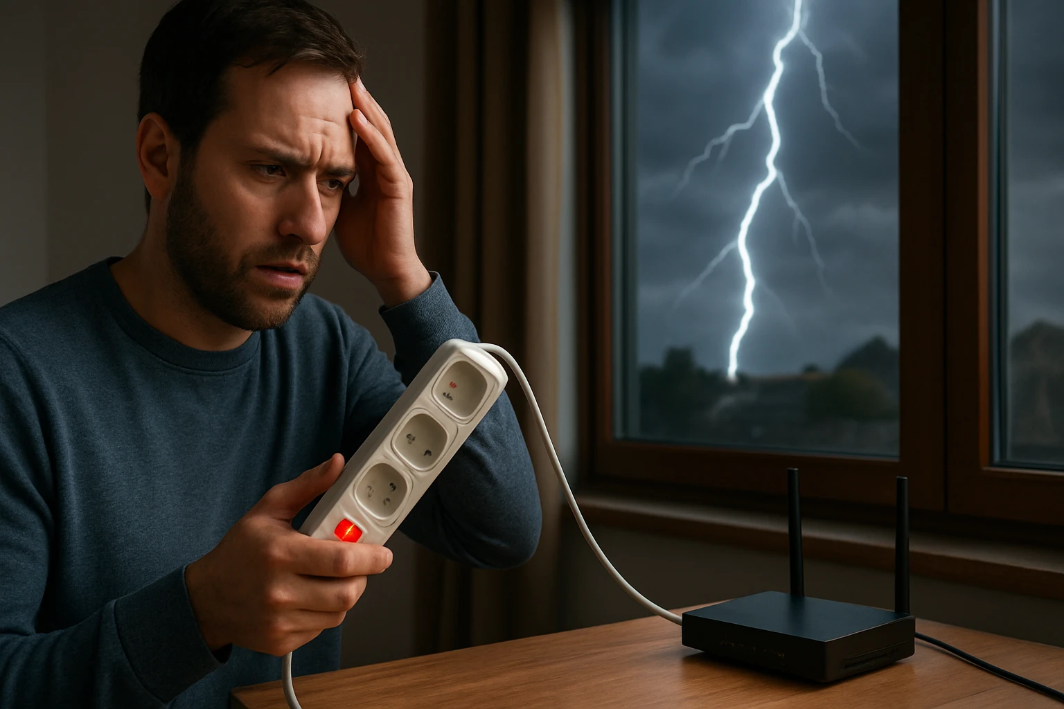 Muž s prepäťovou ochranou zachytáva blesk cez okno.
