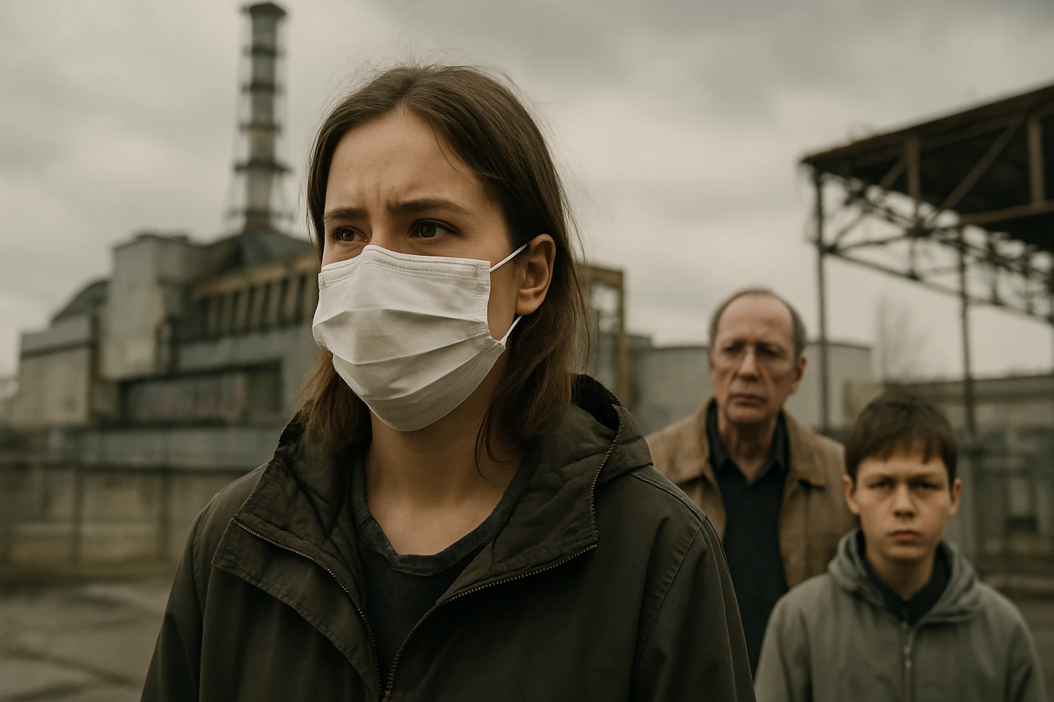 Skupina ľudí s ochrannými maskami pred jadrovou elektrárňou v Černobyle.
