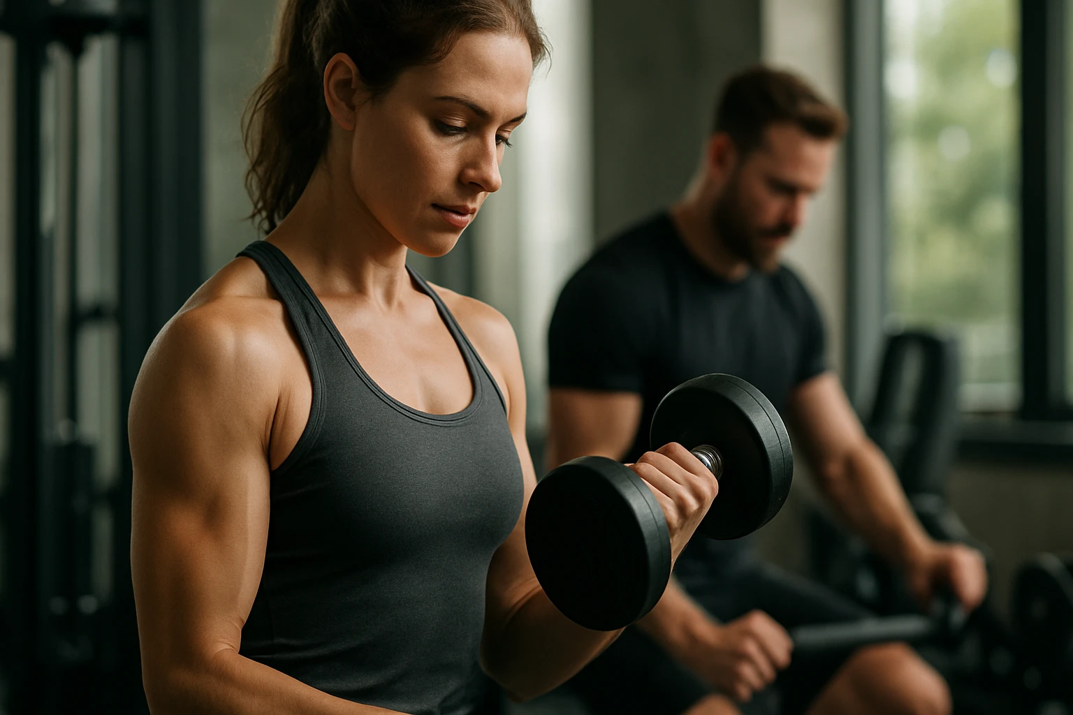 Žena s činkami trénuje hladké svalstvo v posilňovni