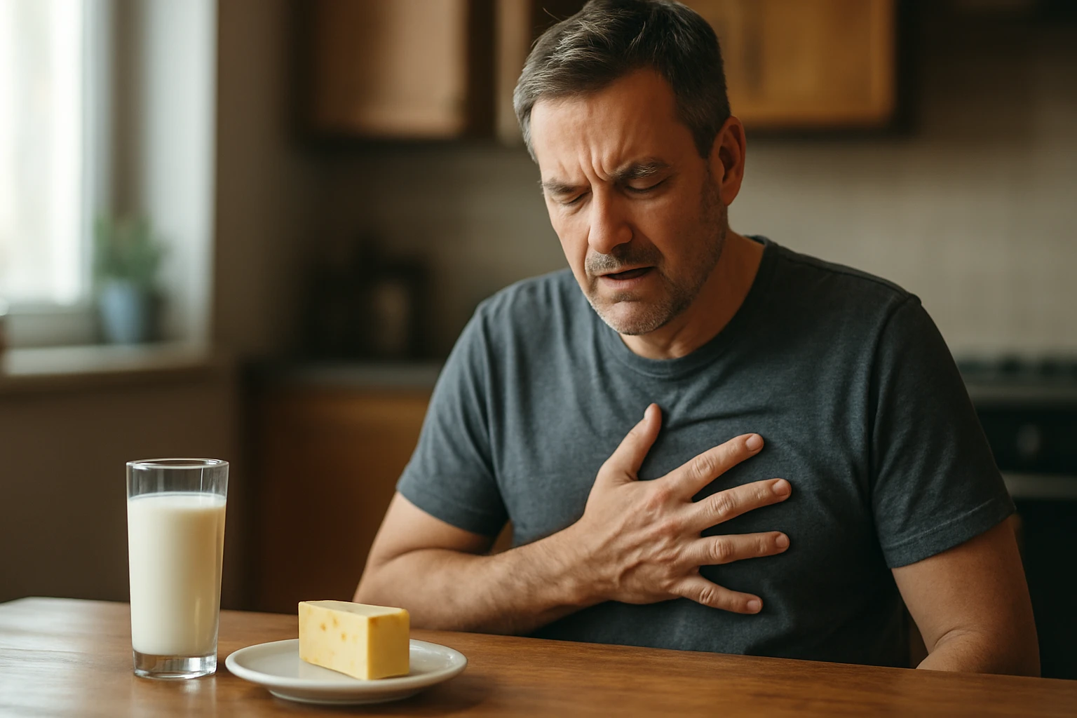 Muž zažíva nepríjemné pocity po konzumácii mliečneho výrobku
