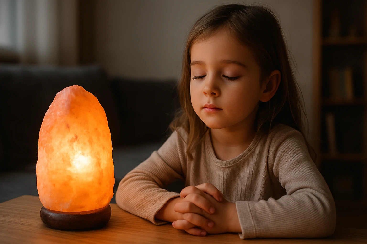 Dievča s uzavretými očami pri soľnej lampe