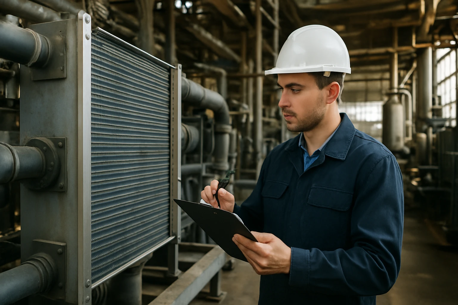 Inžinier skúma suchý chladič v priemyslenom prostredí
