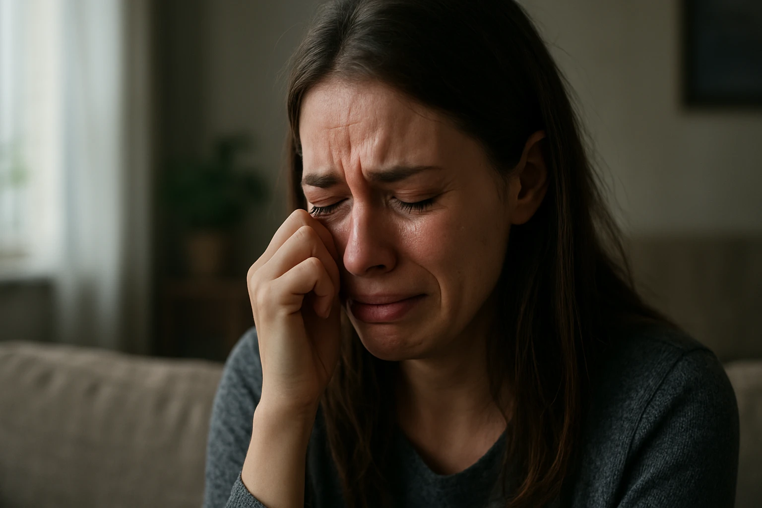 Mladá žena plače a vyjadruje emócie v príjemnom prostredí.