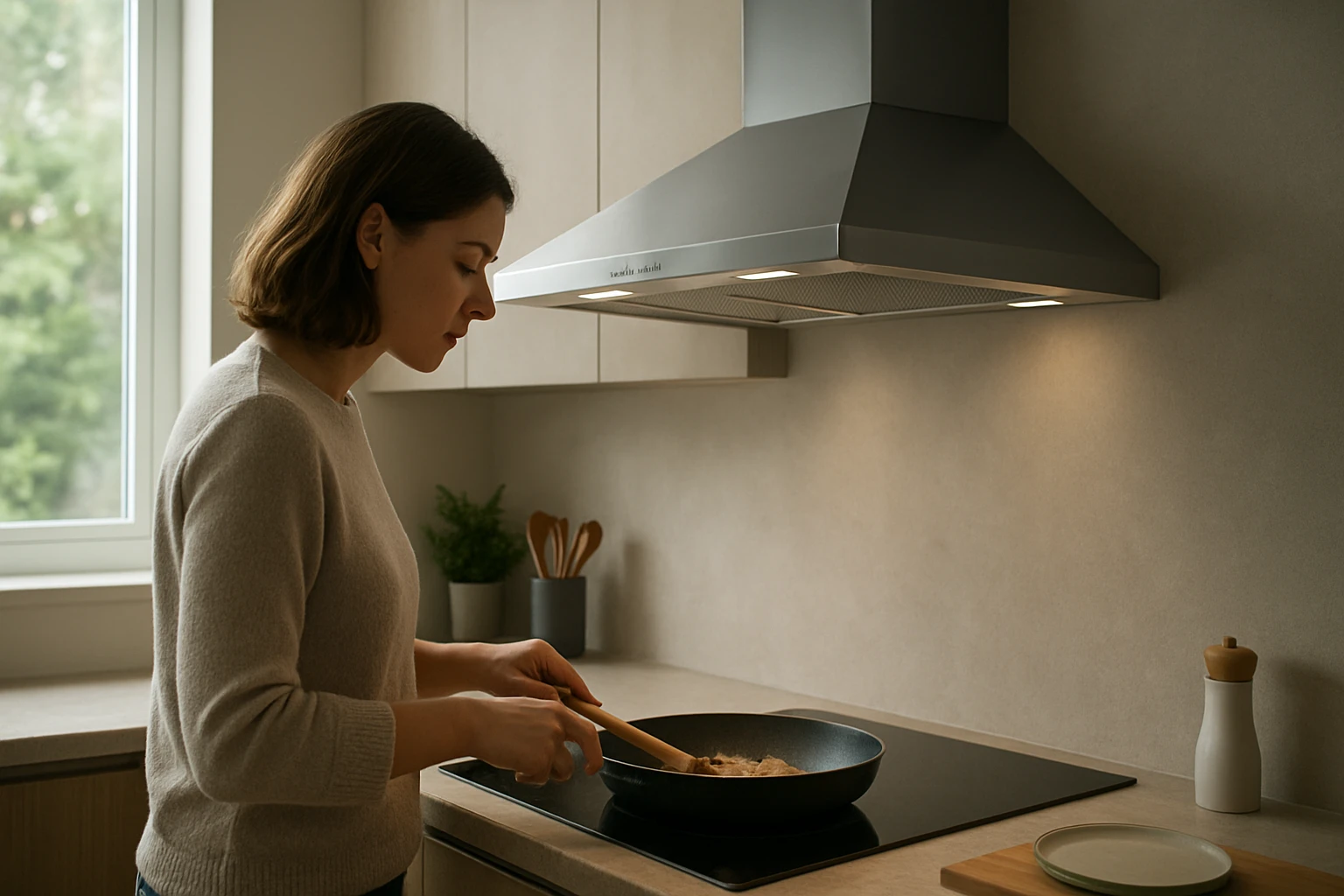 Žena varí na varnej ploche pod nakloneným digestorom v modernej kuchyni.