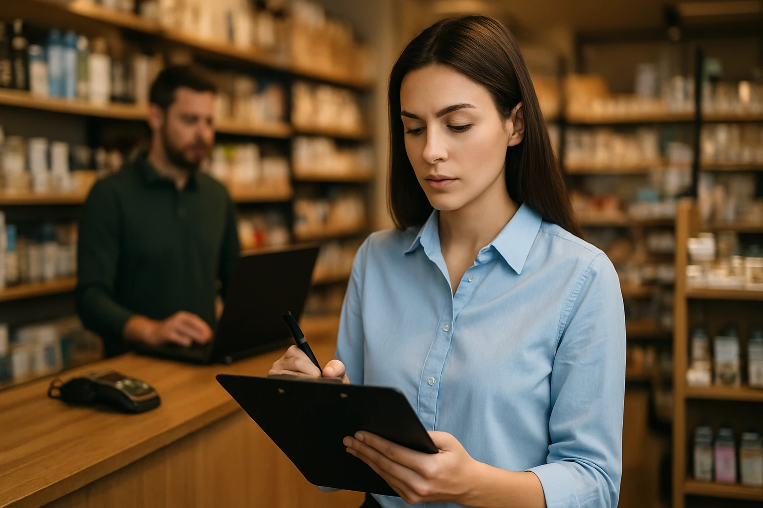 Zamestnanci maloobchodu pracujúci na analýze zásob v obchode