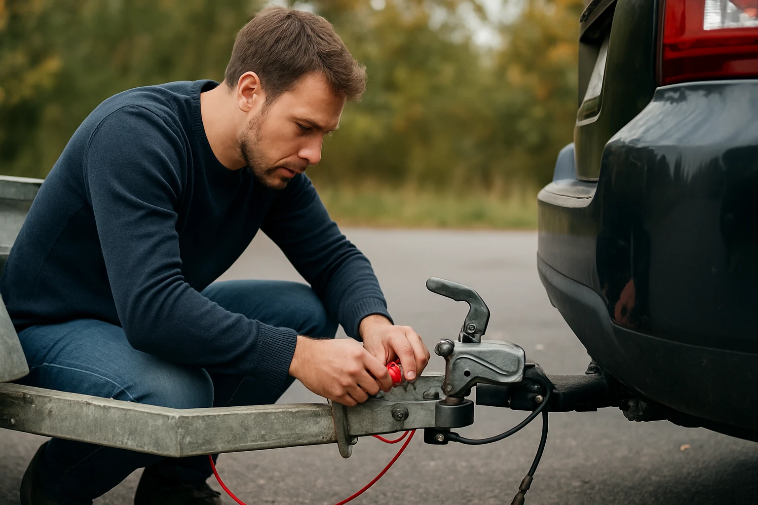 Muž montuje indikátor ťažného zariadenia na príves.