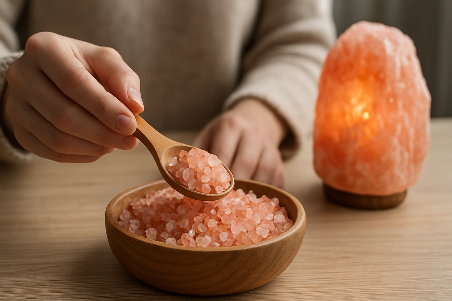 Himalájska soľ v drevenej mise so svetlom z himalájskeho soľného bloku