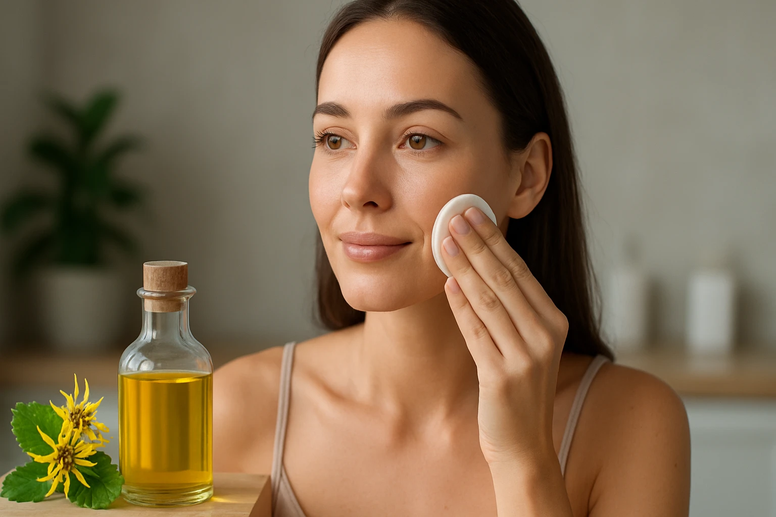 Žena nanáša hamamelis na pleť s jemným úsmevom.