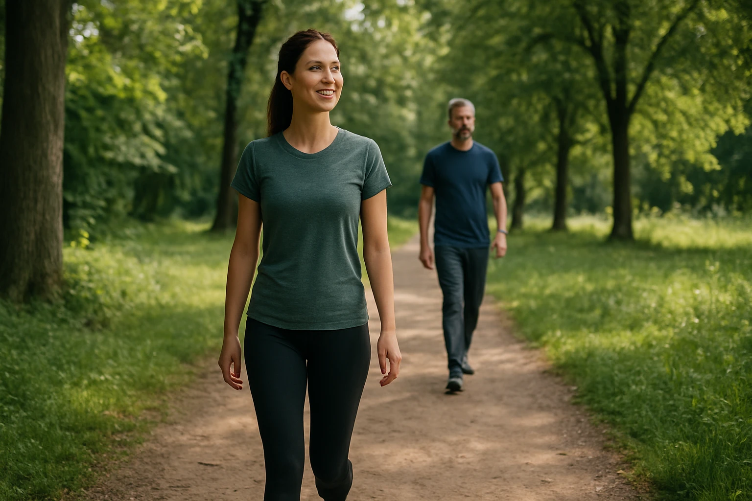 Dvaja ľudia chodia v prírode, zlepšujú svoje duševné a fyzické zdravie.