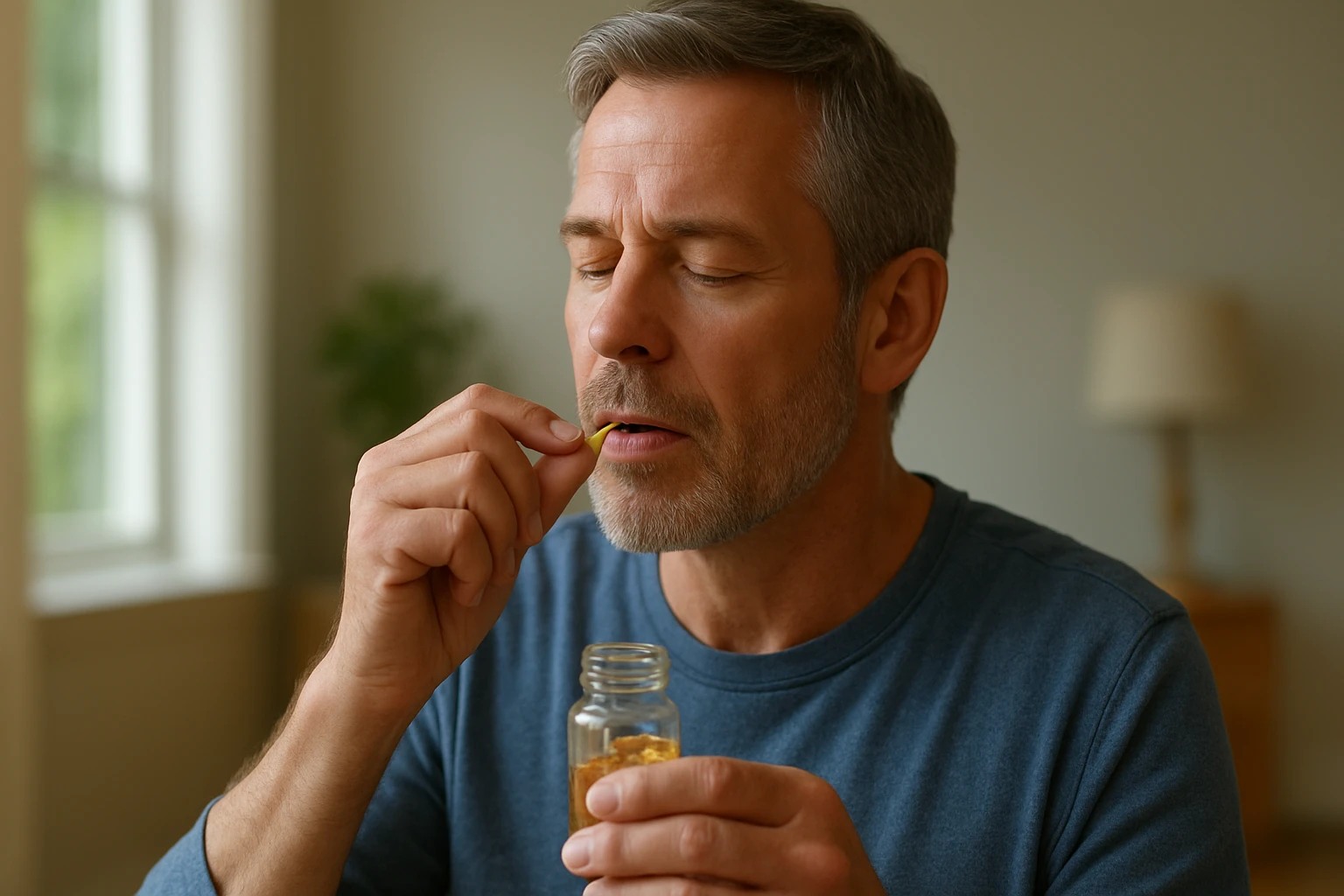 Muž užíva kapsulu rybieho oleja pre lepšie zdravie nervov a srdca