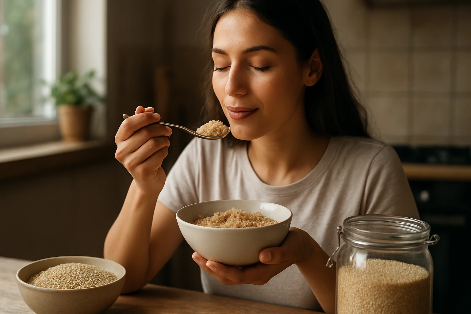 Žena vychutnáva quinoa ako zdravú superpotravinu