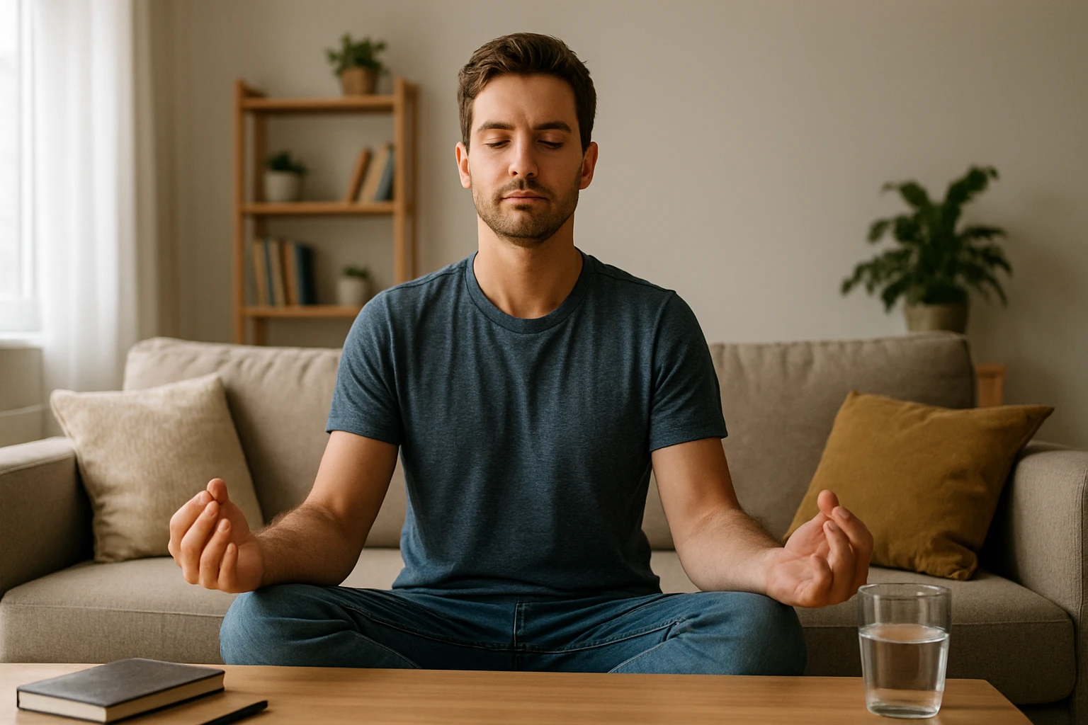 Muž medituje na gauči v útulnom prostredí pre sebakontrolu.