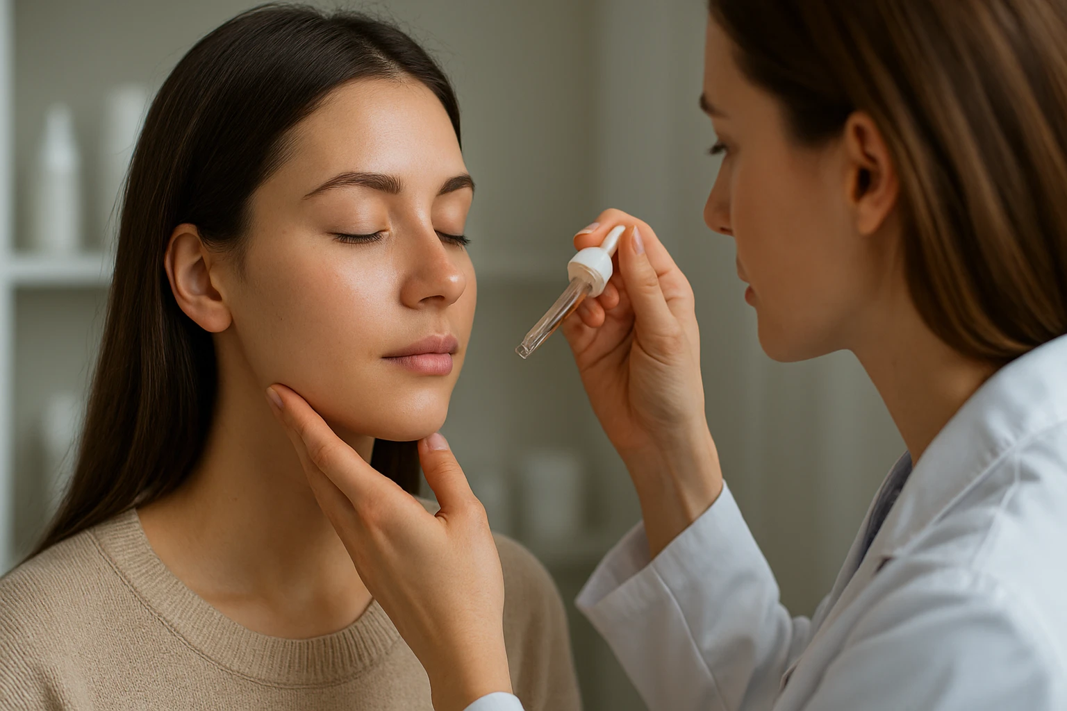 Žena dostáva pleťovú starostlivosť pomocou séra od dermatológa.